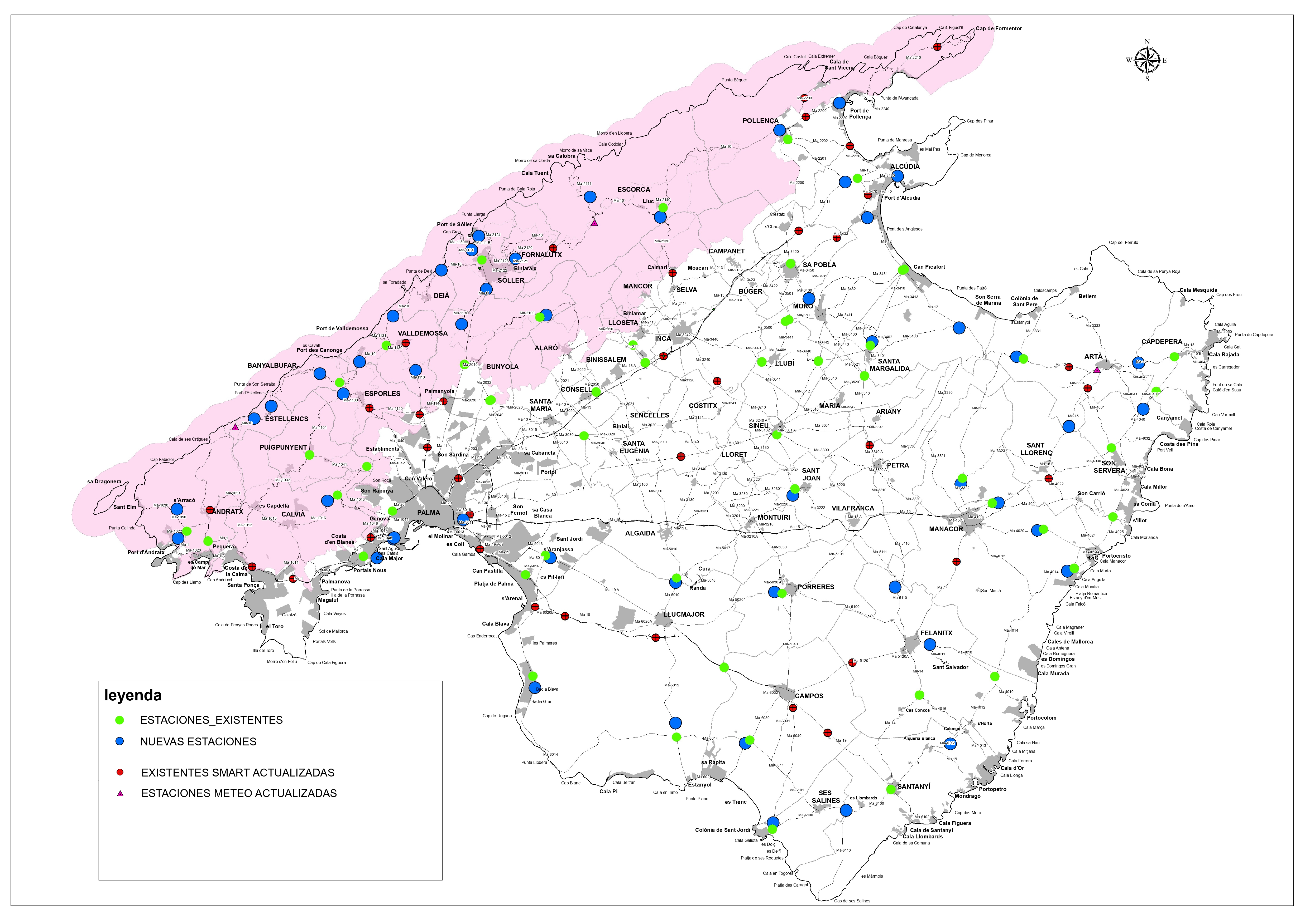 Mapa de la xarxa de 205 càmeres de vigilància que s'instal·laran a les carreteres de Mallorca, sense incloure ports.